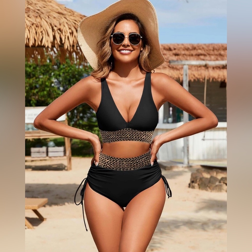 High Waisted Tummy Control Gold Sequin Trim Sexy Elegant Stretchy Swimsuit
